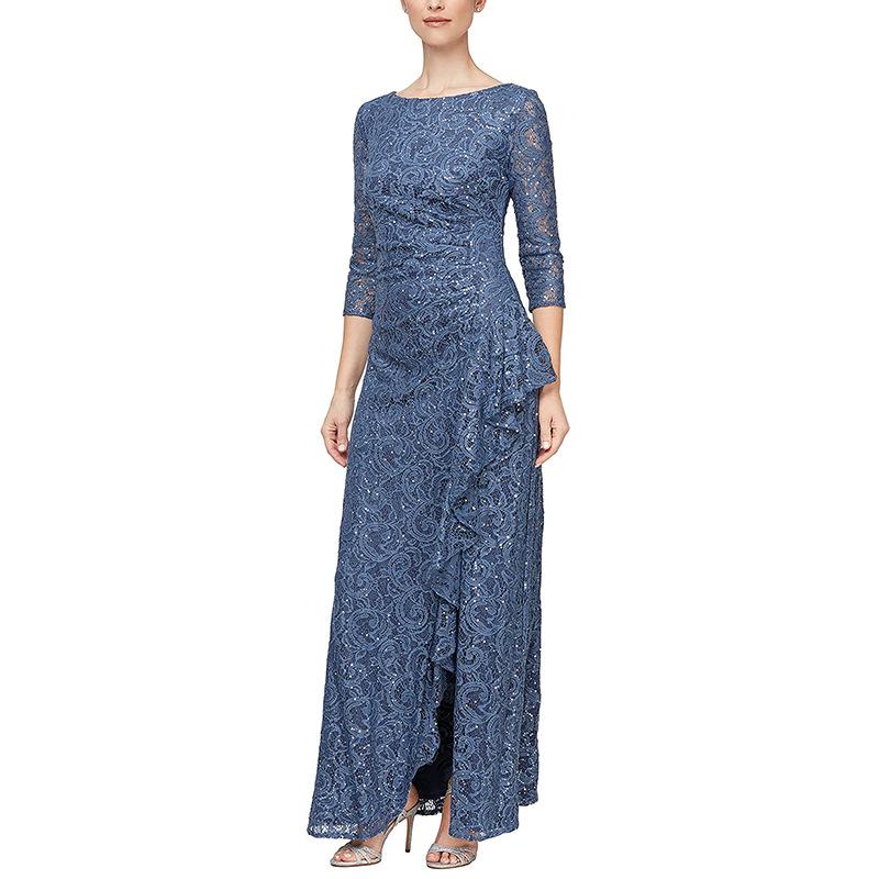 2025 grenzüberschreitend Europa, Amerika, Amazon beliebtes Kleid Rüschenrand mittel und lang Kleid Spitze Bankettkleid Gastgeber Abendkleid