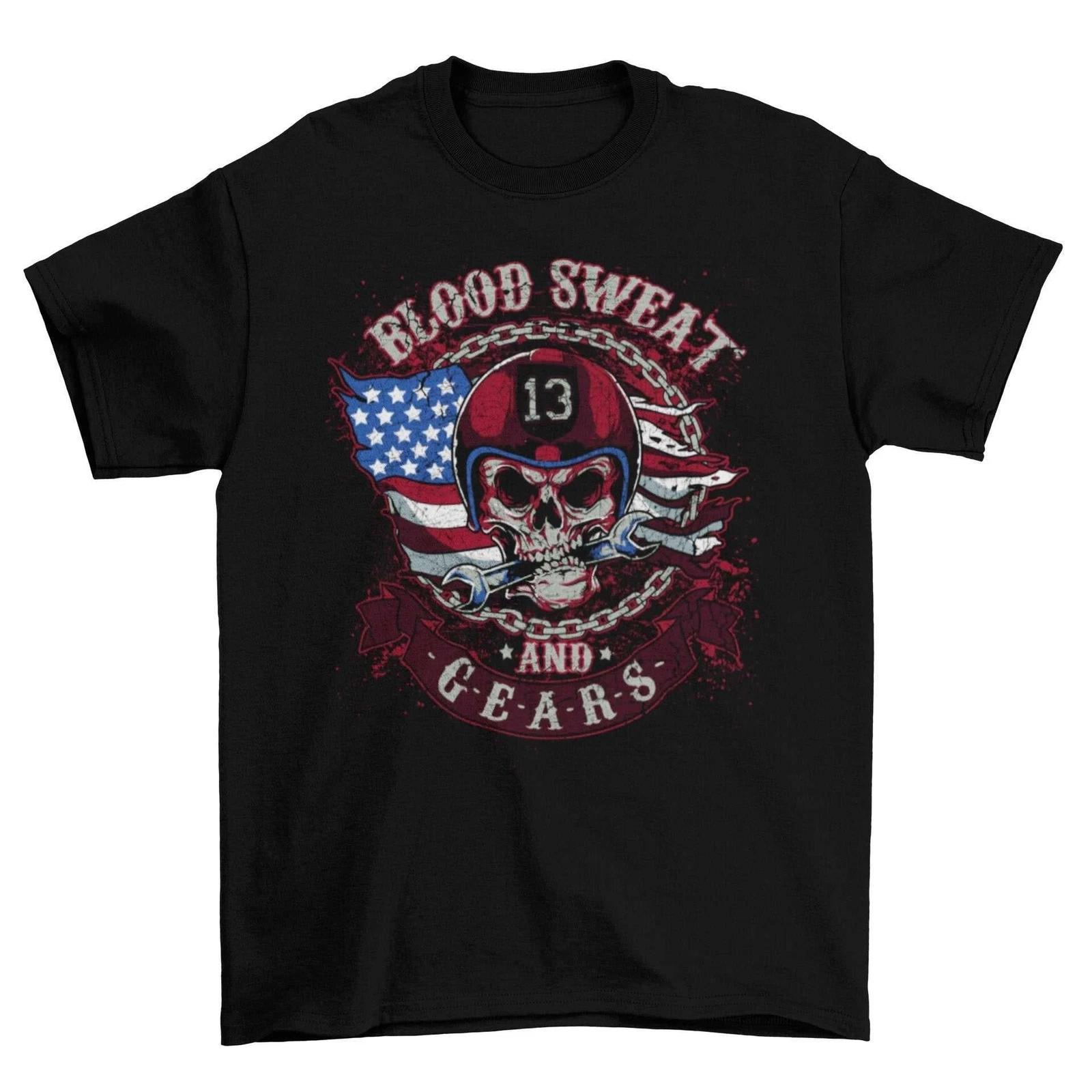 Biker T Shirt Blood Sweat and Gears Skull American Flag Design Motorcyle Gift S