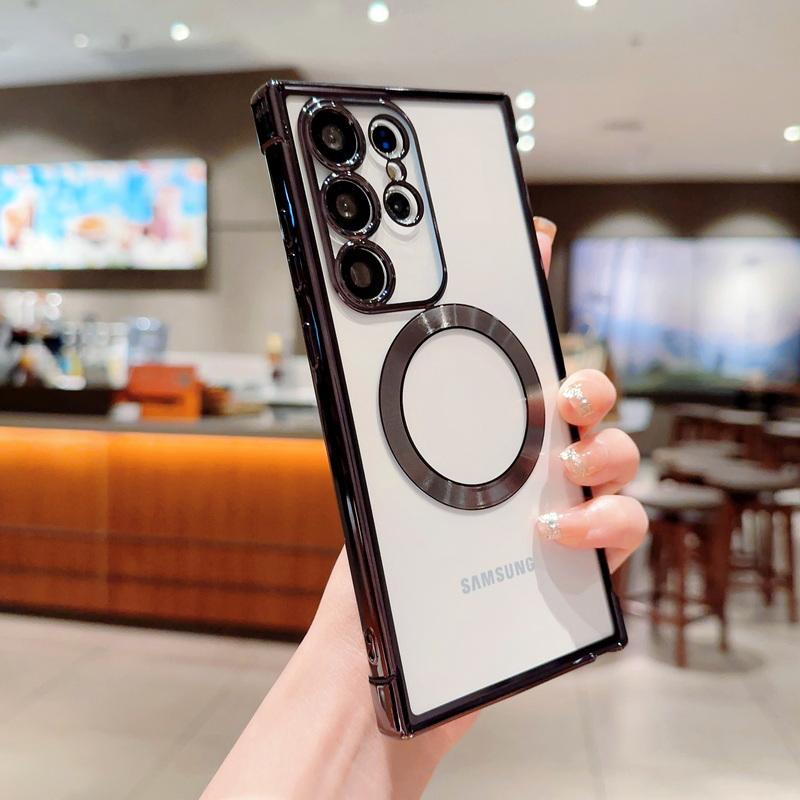

Магнитный прозрачный чехол для телефона Samsung Galaxy S25 Ultra S24 S23 Plus S22 S21 FE с беспроводной зарядкой, гальванический противоударный защитный чехол для объектива Samsung S25 Ultra