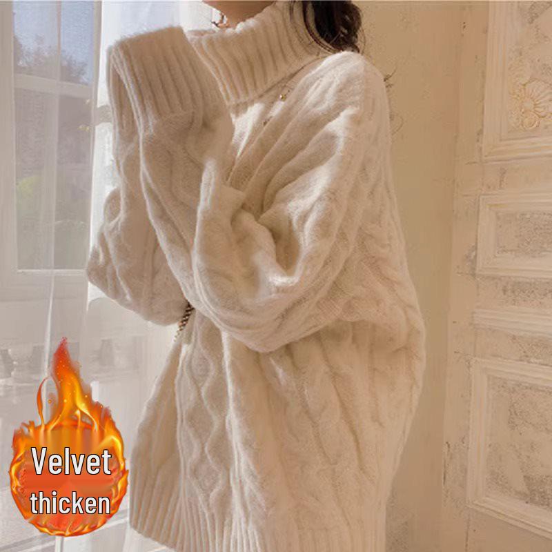 Women's Retro High-Neck Cable Knit Sweater - Loose Fit, Thickened for Autumn/Winter 2025