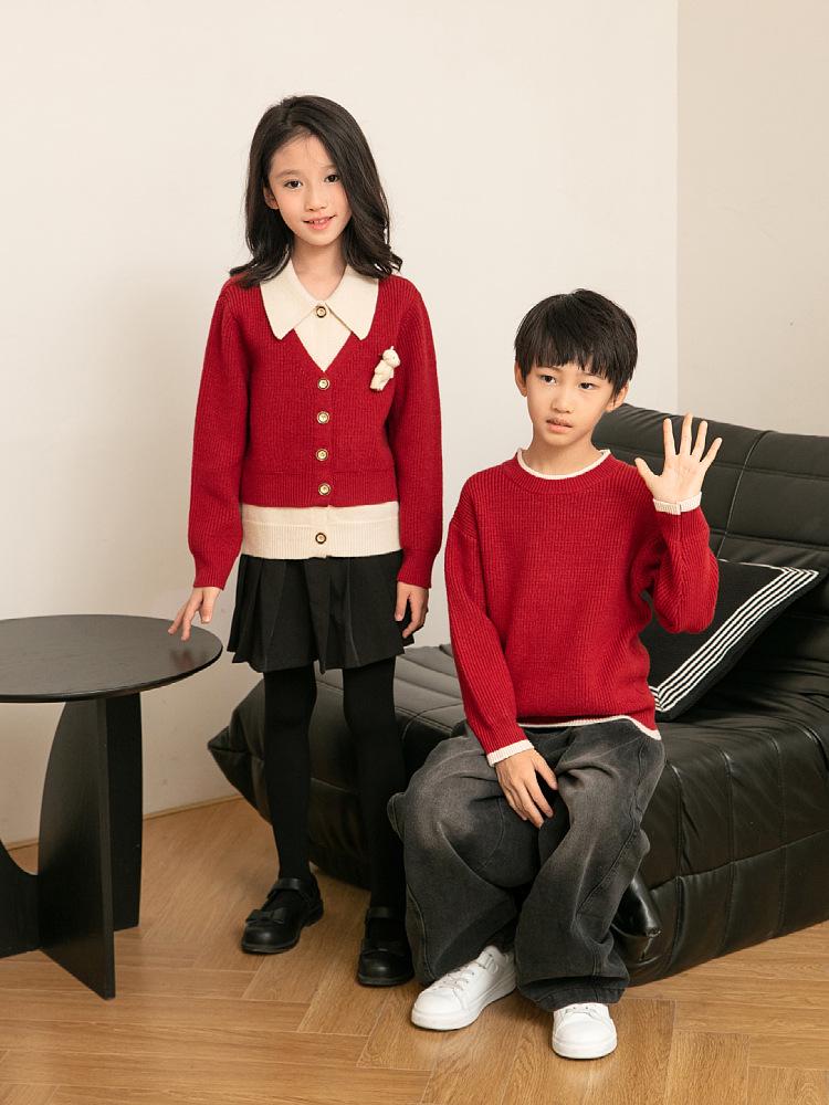Korean Style Red Parent-Child Sweater: Women's Cardigan & Men's Round Neck Pullover