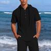 Men Linen Blend Hooded Short Sleeve Henley Shirt