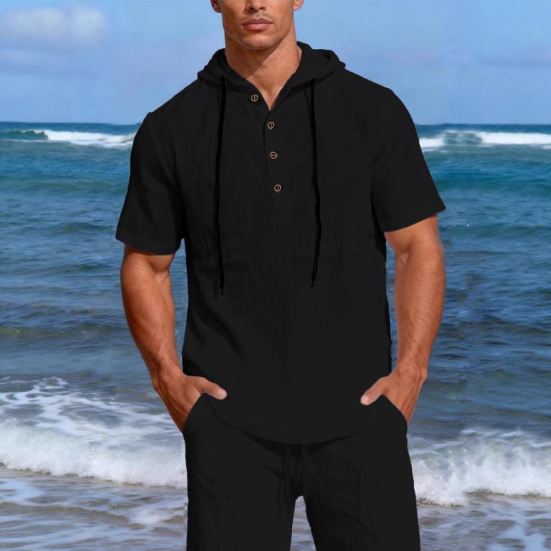 Men Linen Blend Hooded Short Sleeve Henley Shirt