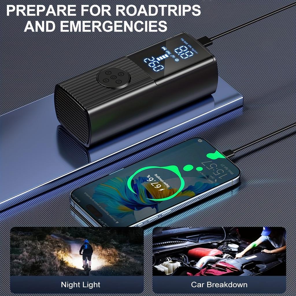 Portable Tire Inflator with Digital Pressure Gauge | 180 PSI, Rechargeable Battery, LED Light, Cordless, Suitable for Cars, Motorcycles, Bicycles