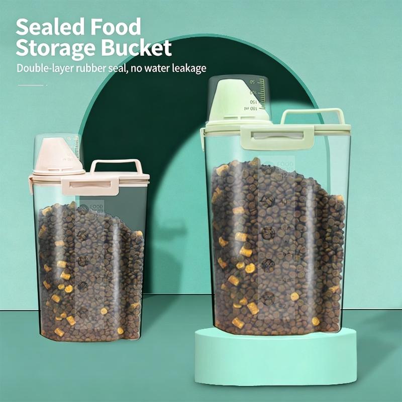 Transparent Plastic Pet Food Storage Box With Measuring Cup And Secure Handles Great For Travel and Home Indoor Use