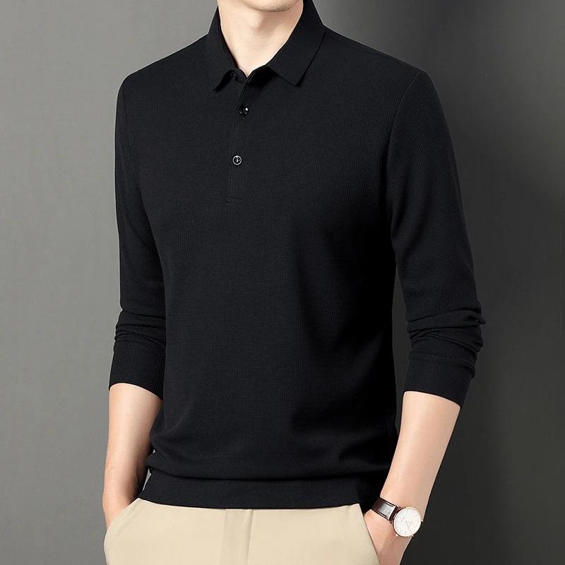 Spring Autumn Waffle Men's Long-sleeved Polo Shirt Business Casual Slim Top Classic Solid Color Male Brand Tees