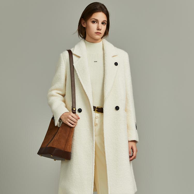 ELLE Solid Color Lazy Mid-Length Double-Sided Wool Double-Breasted Soft Coat Women coats Off-White EX36440