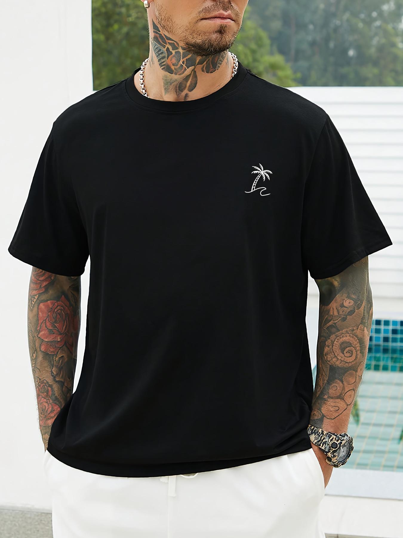 

Mens 100 Cotton Palm Tree Printed Tshirt Black and White Short Sleeve Round Neck Casual Summer Top Breathable 4XL