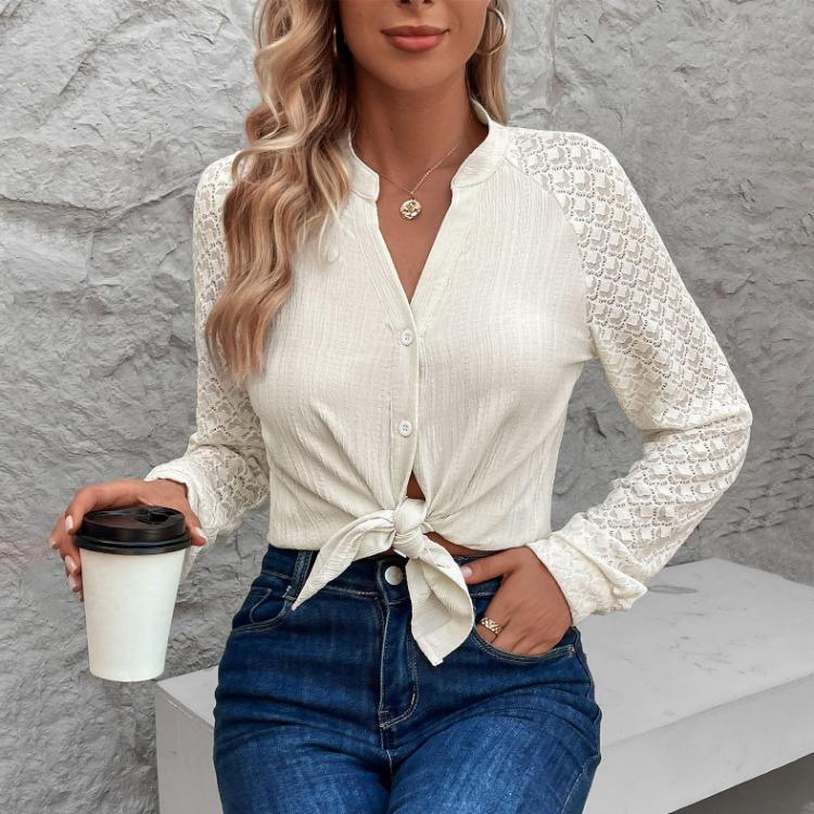 Damen Casual V-Ausschnitt Langarm Chiffon Bluse Streetwear Print T-Shirt Top für Damen