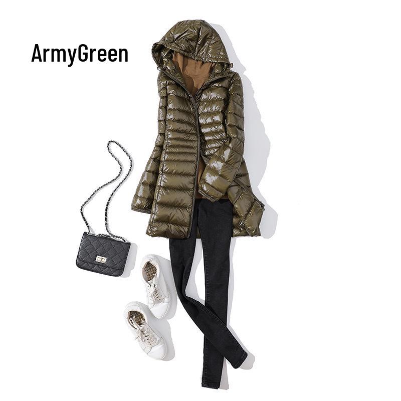 Women's Mid-Length Lightweight Hooded Down Jacket - 2025 Autumn/Winter Slim Fit Plus Size Outerwear