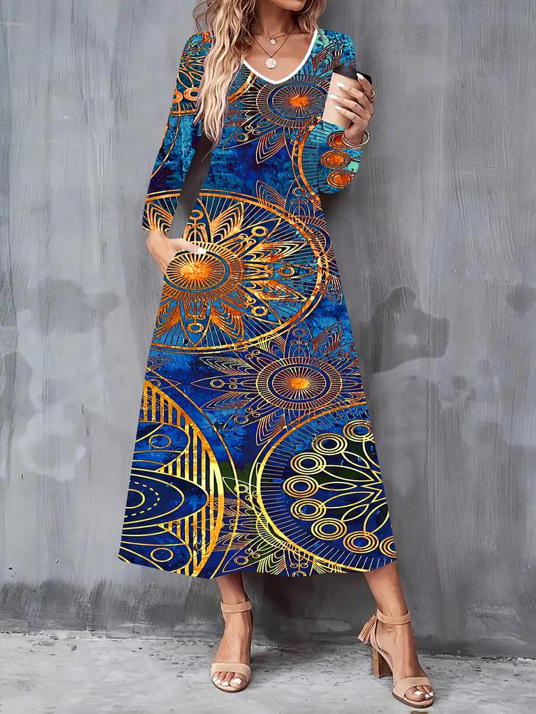 2025 Herbst und Winter Neue Damen Casual Mode Kleid 3D Retro Totem Druck Langarm V-Ausschnitt A-Linien Kleider