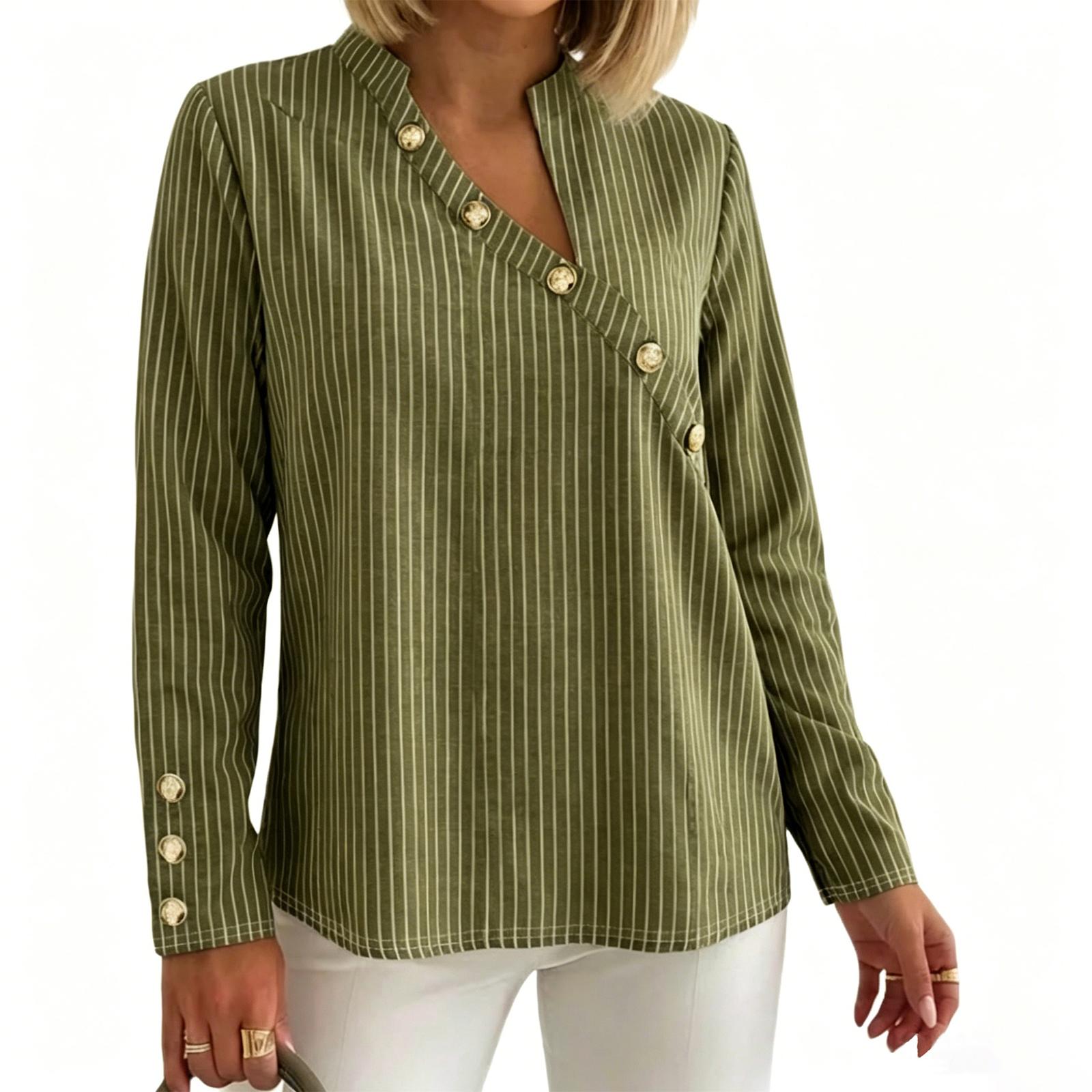 Women s Casual Striped Button-Up Long Sleeve Stand Collar Top XXL