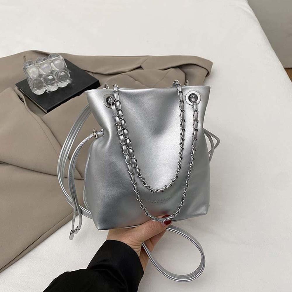 Phone Pouch Bucket Drawstring Bag Large Capacity Solid Color Leather Chain Handbag Magnetic Buckle Anti-splash Water