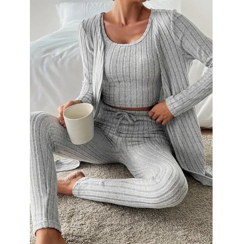 Nieuwe Stijlvolle Ronde Hals Geribbelde Effen Kleur Dames Driekwart Set