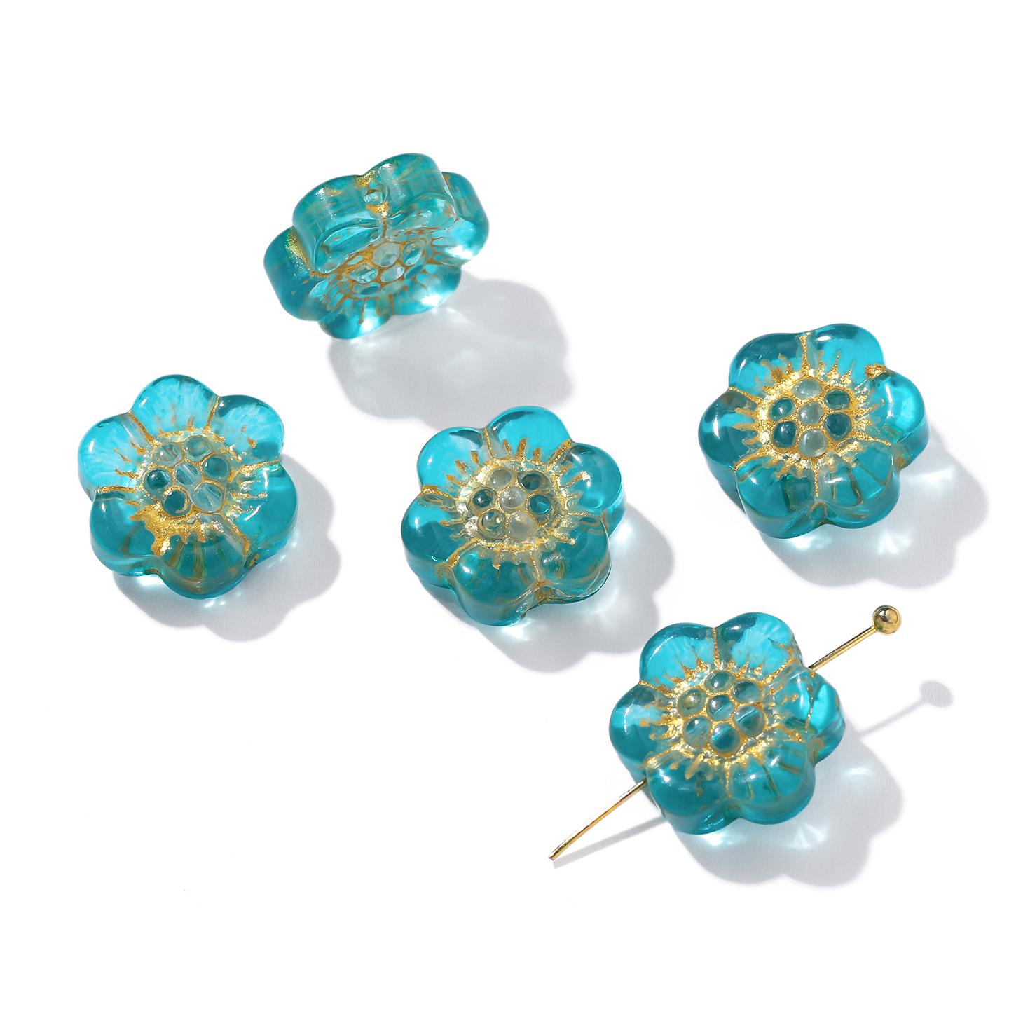 

5pcs 13*14mm Glass Flower Shaped Beads With Golden Edge Colored Spacer Beads for DIY Necklace Bracelet Jewelry Making Supplies циан