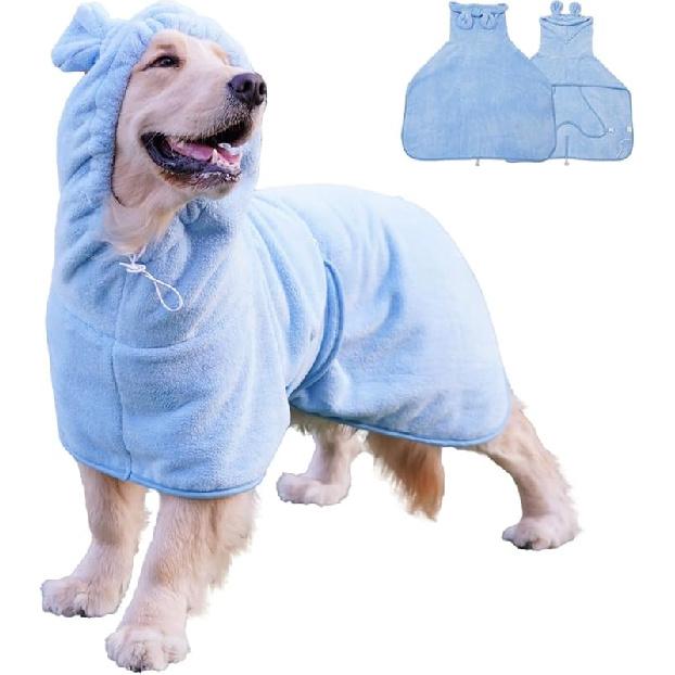 Pet Bathrobe for Dog Cat Absorbently Quick Drying Coat Cute Dogs Bath Towel Hooded Robe Adjustable Collar & Belly Strap for Pool Beach (Green,