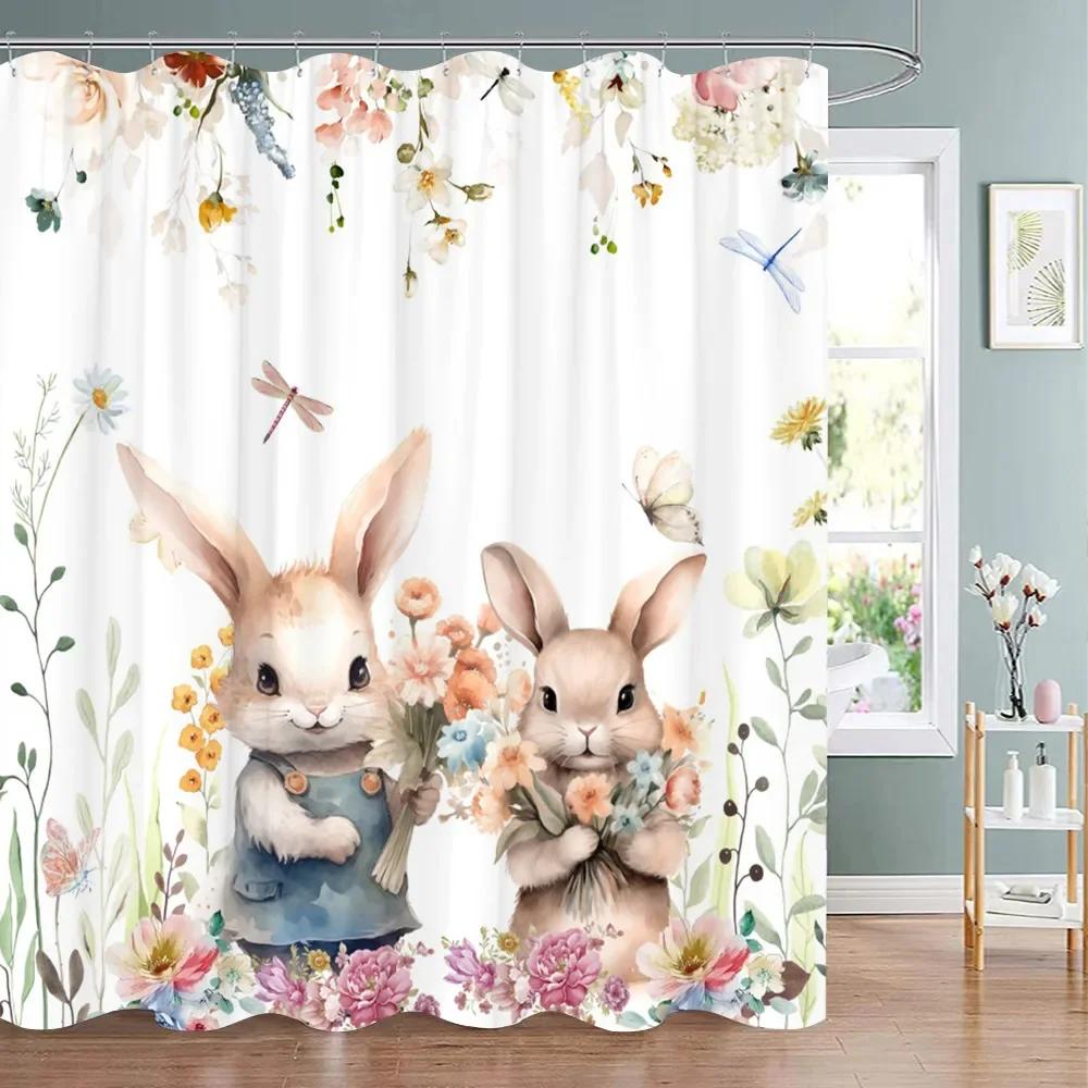 Easter Shower Curtain Cute Cartoon Bunny Watercolour Style Washable Polyester Fabric Shower Curtains Bathroom Decor With Hooks
