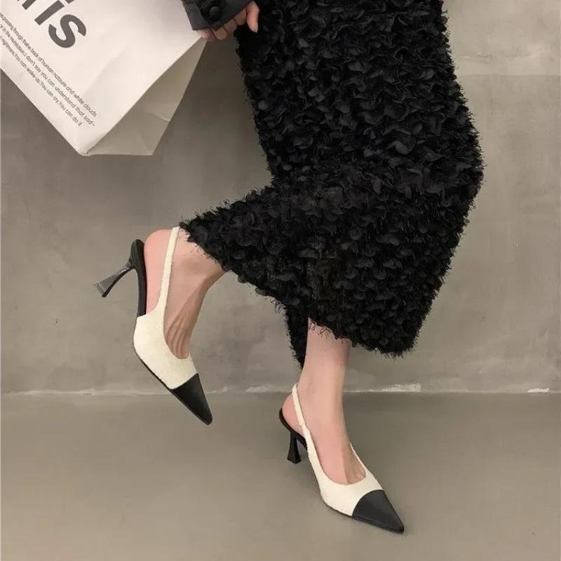 New 2024 Summer Women Pumps Pointed Toe Sandals Slip On High Heels Sandals Black Sexy Slingbacks Stiletto Ladies Wedding Shoes