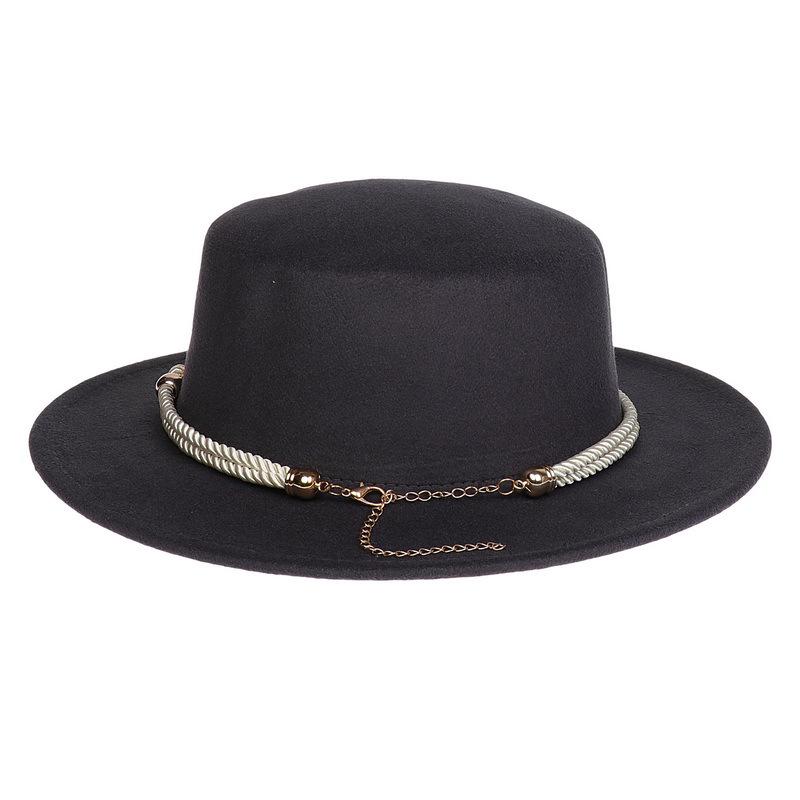 Women's Wool Felt Flat Top Fedora Hat - French Autumn/Winter Retro Style with Chain