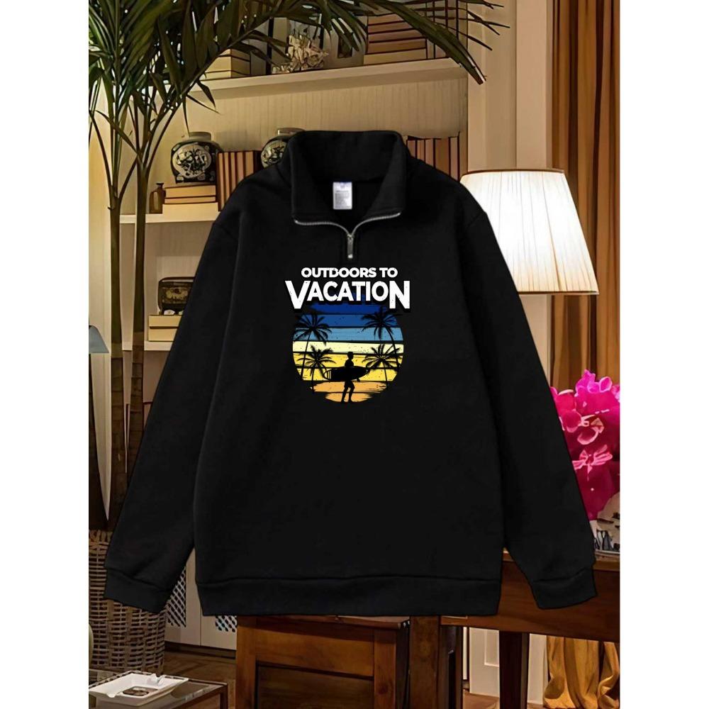 

Men s Hooded Sweatshirt with Tropical Palm Tree and Beach Pattern Print - Half Zip Casual Pullover, Loose Round Neck Sweater XXL