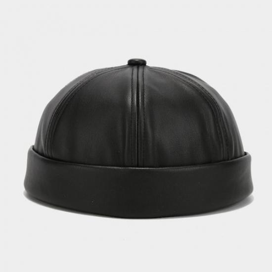 Women Men Faux Leather Docker Cap Hat Round Top Brimless Design Hat Solid Color