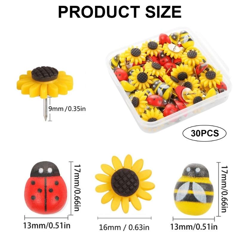 30Pcs Pinos de pressão de flor Lady Bird Pushpin com estojo Pinos de polegar decorativos Pinos de mapa Quadro de avisos de cortiça para escritório escolar
