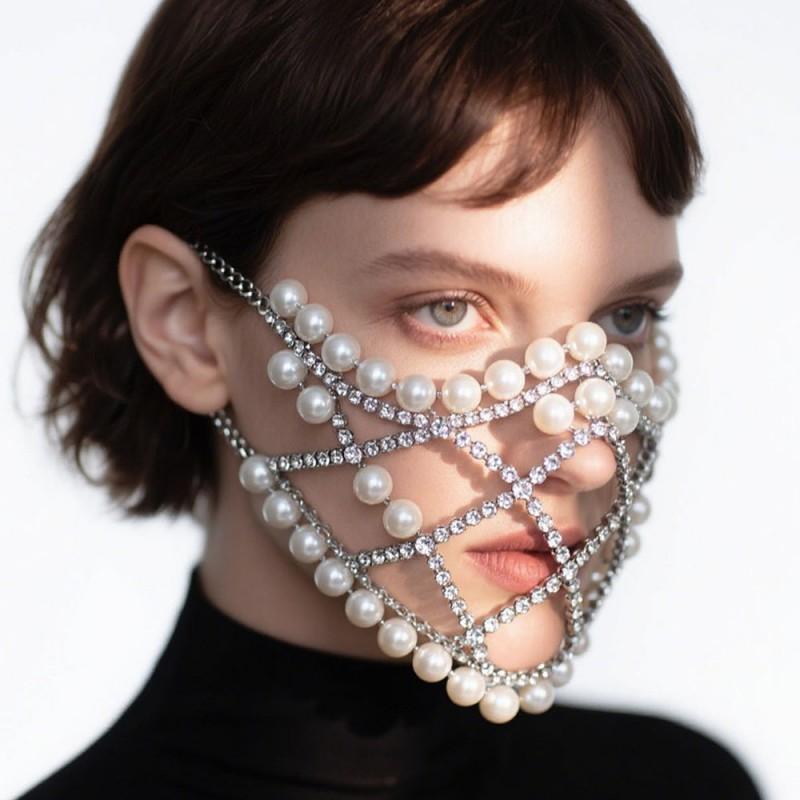 Pearl Rhinestone Mask Mesh Ear Hanging Face Decoration Party Prom Photo Shoot Stage