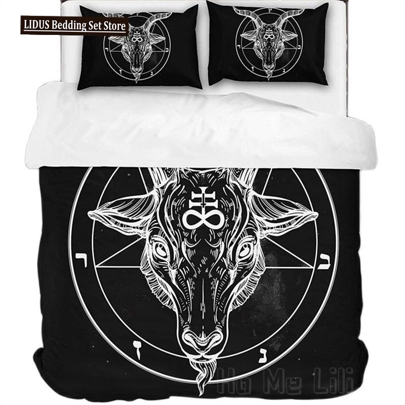Dark Satanic Duvet Cover Set Satan Goat Inverted Pentagram Skull Bedding Set Full King Size Bed Set Bedroom Comforter Cover Set