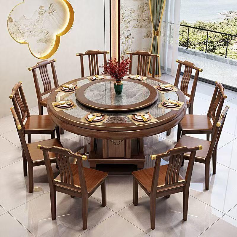 Solid Wood Round Dining Table Set with Turntable - New Chinese Style, 1.8m Large Table for Home or Hotel Dining.