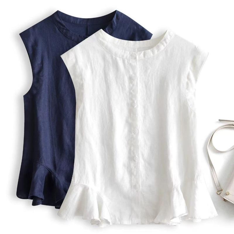 Ruffled Hem Cotton and Linen Sleeveless Shirt for Women Summer Design Thin Waistcoat Vest Flying Sleeve Cardigan Top