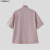 INCERUN Summer Men Stand Neck Short Sleeve Side Buttons Casual Vintage Shirts Tops
