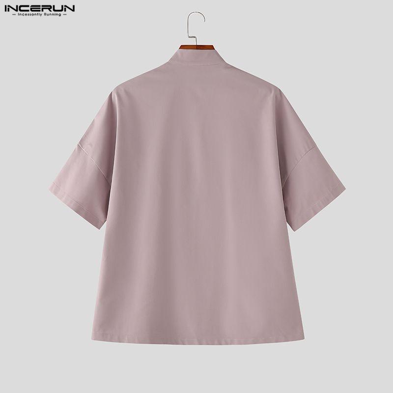 INCERUN Summer Men Stand Neck Short Sleeve Side Buttons Casual Vintage Shirts Tops
