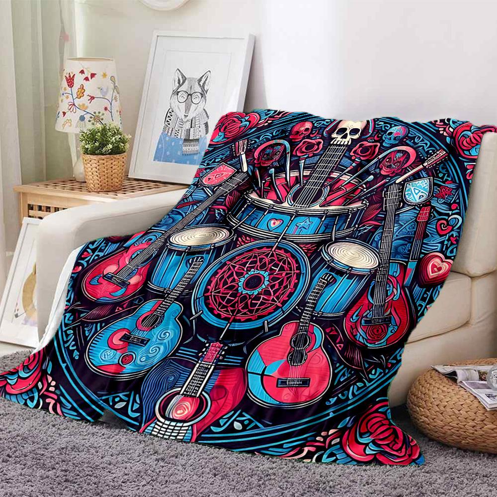 1pc Guitar Skull Lightweight Flannel Blanket, Comfortable and Warm Blanket, for Office and Camping Sofa Bed, Livingroom134