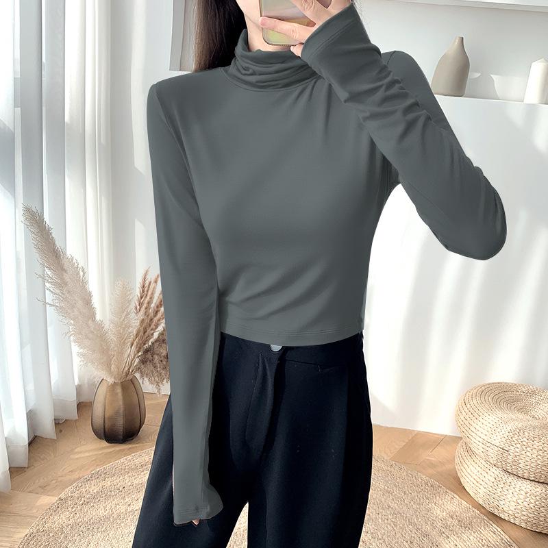 Kadın Dar Kesim Yüksek Yakalı Crop Top Uzun Kollu Gömlek