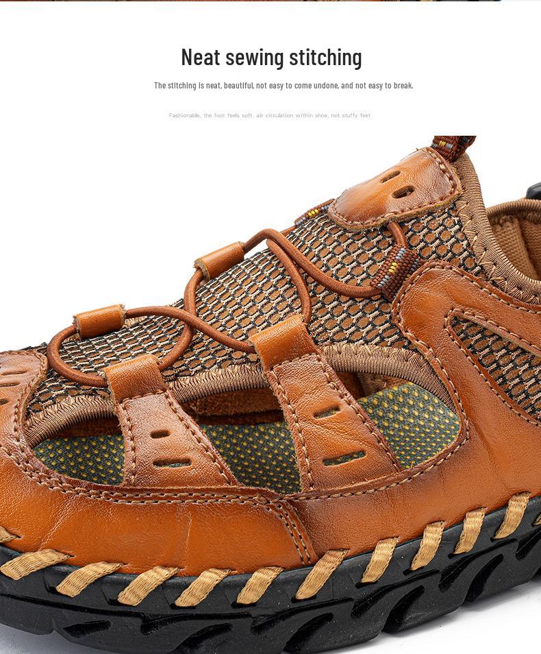 Men's Handmade Velcro Cowhide Mesh Beach Sandals - Summer Casual Breathable Outdoor Shoes