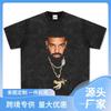 Vintage Hip Hop Drake Big Head Printed High Street Short Sleeve T-Shirt Washed Heavy Small Neckline Wide