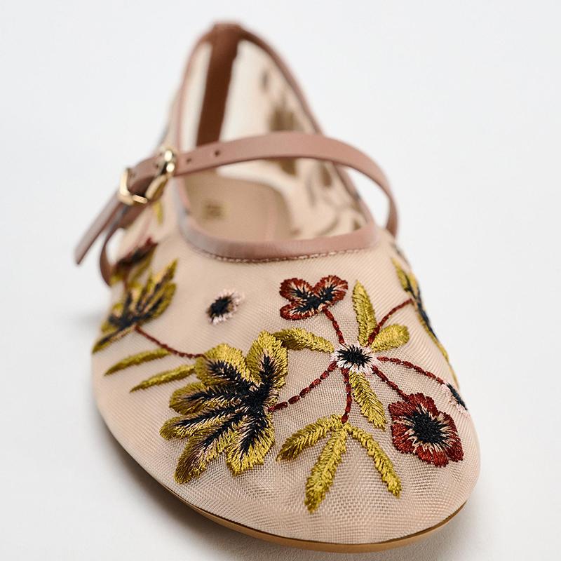 Fashion Spring Autumn Mesh Embroidery Women Mary Jane Shoes Ladies Outdoor Comfort Ballet Style Women's Grandma's Shoes