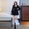 Small square neck French puffy dress autumn and winter bottoming waist pure desire Hepburn style small black dress new