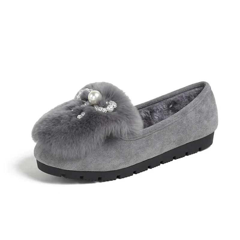 Fashion Thick Sole Round Toe Warm Plus Velvet Cotton Shoes Women Fashion Bow Tie Anti-slip Pearls Loafers Plus Size  Zapatillas 2025