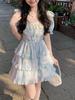 Blue Square Neck Lace Edge Dress Summer Design Sense Heavy Industry Floral Puff Dress Girls Vacation Skirt