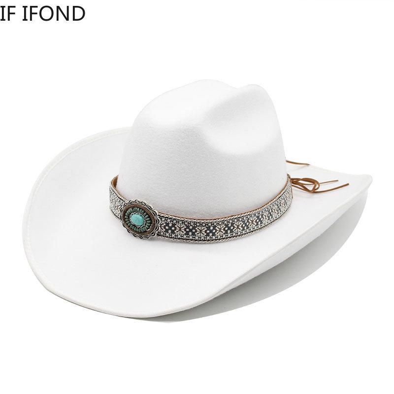 New Men Women Artificial Woolen Western Cowboy Hats 9.5CM Wide Brim Party Dress Hats Gentleman Lady Jazz Cowgirl Cap