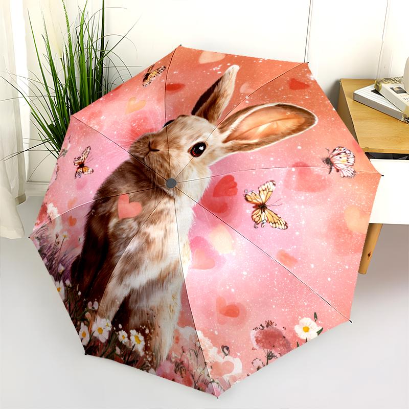Rabbit and Flower pattern, automatic folding umbrella, portable and foldable design, 8 ribs, a Christmas or birthday gift.