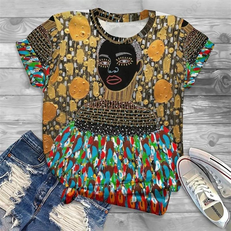 Summer Round Neck 3D African Art Print Top Fashionable Casual Short Sleeved Women's T-shirts