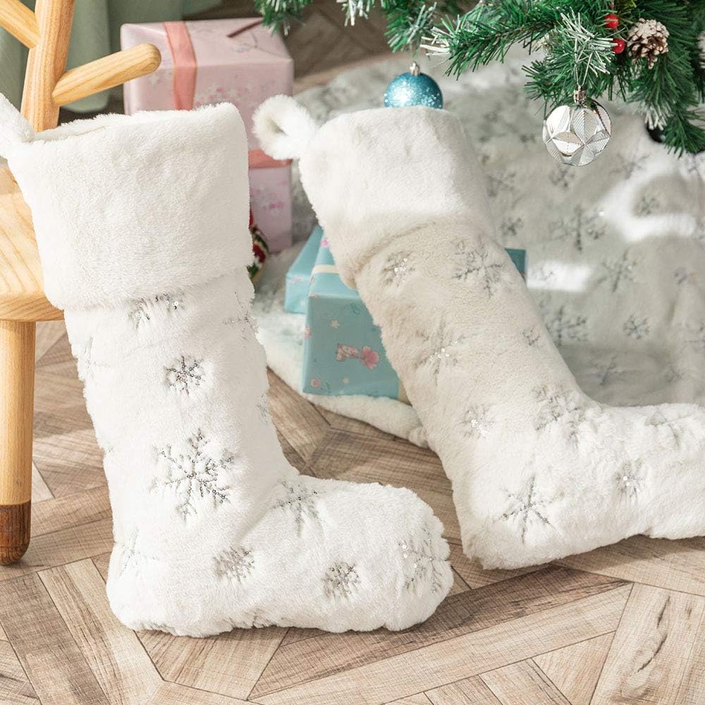 2PCS Plush Christmas Stockings White Faux Fur Large 56cm Deluxe Hanging Xmas Stockings with Silver Sequin Snowflake for Christmas Fireplace