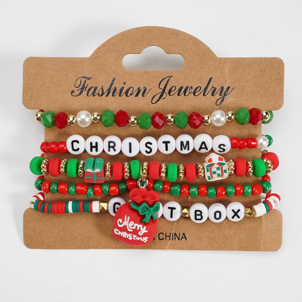 Christmas Festival Bracelet Set: Beaded Letters, Polymer Clay, Cute Cartoon Design for New Year Party