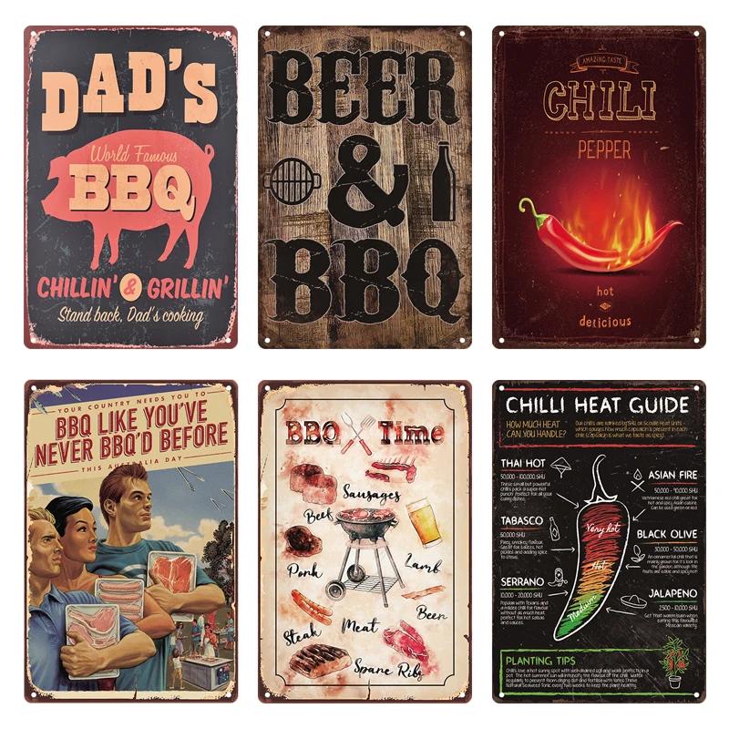 Dad's BBQ Party Metal Tin Plaque Retro Tin Signs Barbecue Rules Slogan Plate Vintage Grill Poster Yard Garden Kitchen Wall Decor