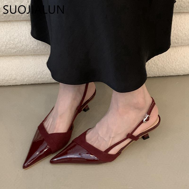Fashion SUOJIALUN 2025 Summer New Brand Women Sandal Fashion Pointed Toe Shallow Slip On Mules Shoes Thin Med Heel Dress Pumps Shoes
