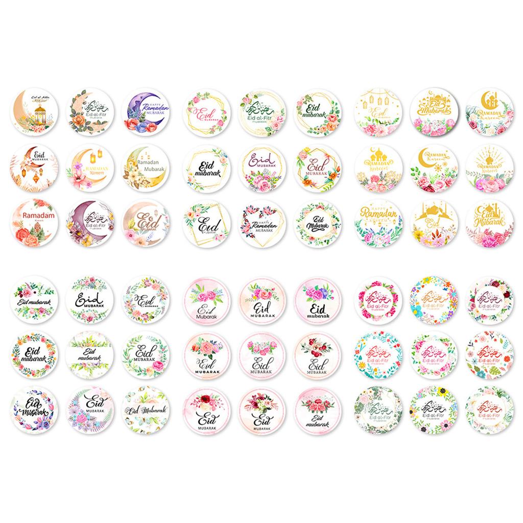 90Counts Eid Mubarak Sticker 4cm Round Wrapping Label Flower Wrapping Sticker for Seal Envelope Card Candy Bag Packaging