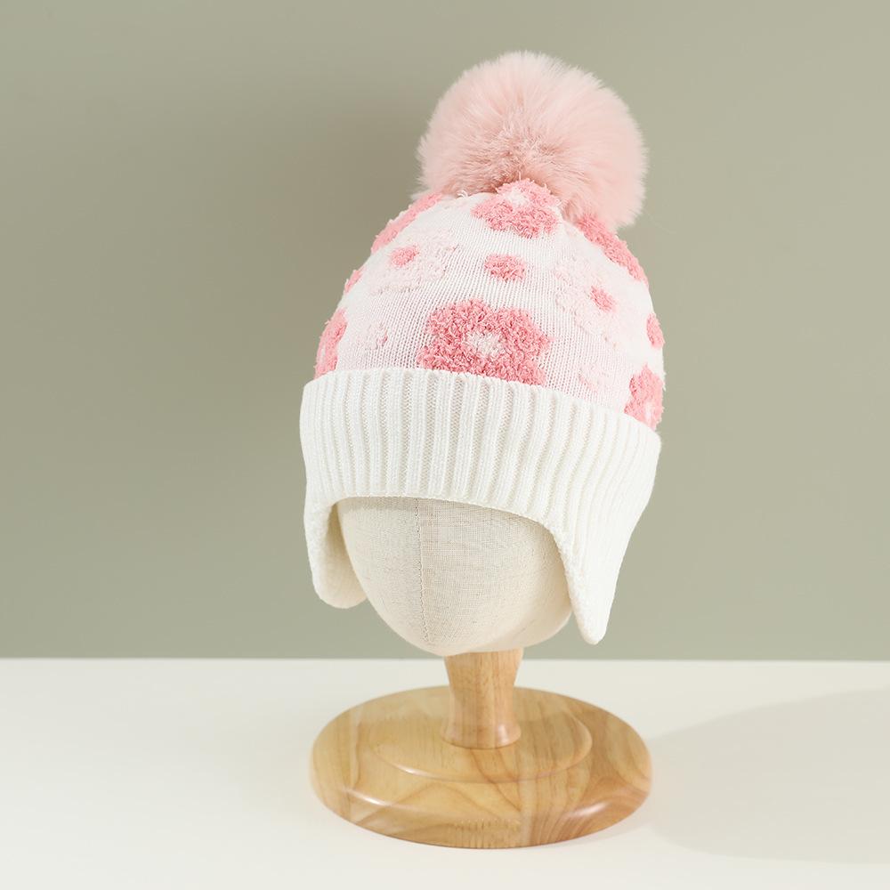 Amazon Plush Flower Children's Hat Winter Boys and Girls Knitted Hat Ear Protector Warm Wool Hat Plush Pullover Hat