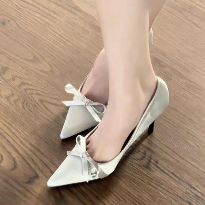Bow high heels women's 2025 spring new pointed satin temperament party light mouth black stiletto shoes